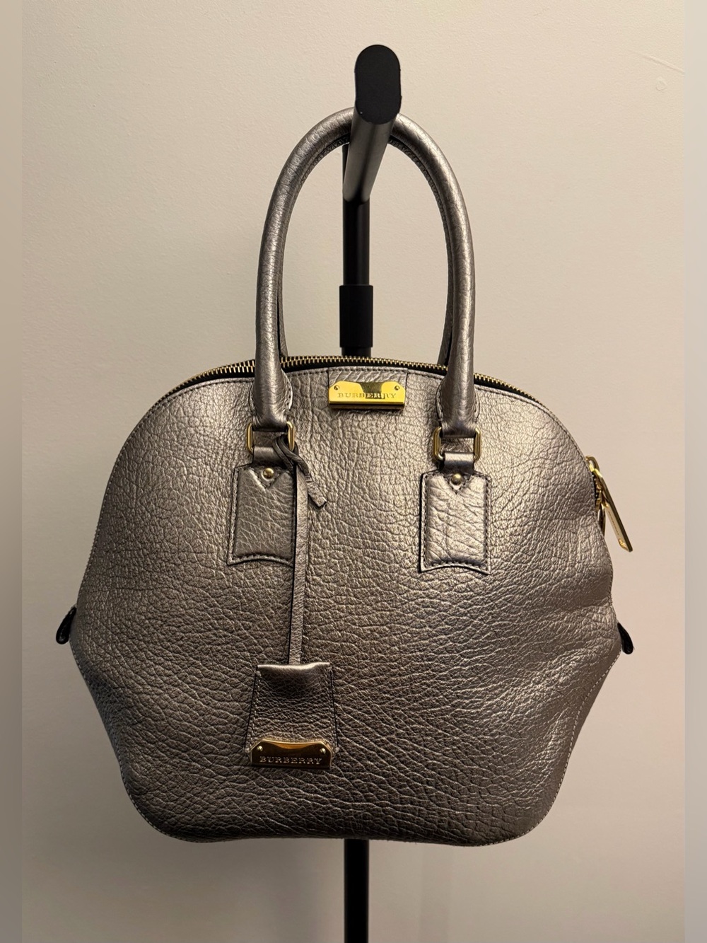 Burberry Silver Metallic Heritage Satchel Bowling Bag